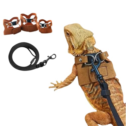 Image of Bearded Dragon Harness and Leash Set, Adjustable Harness Soft Leather-3 Sizes (S, M, L) with Leash, Lizard Reptile Traction Rope Walking Vest Accessories for Bearded Dragon, Iguana or Gecko (Brown)