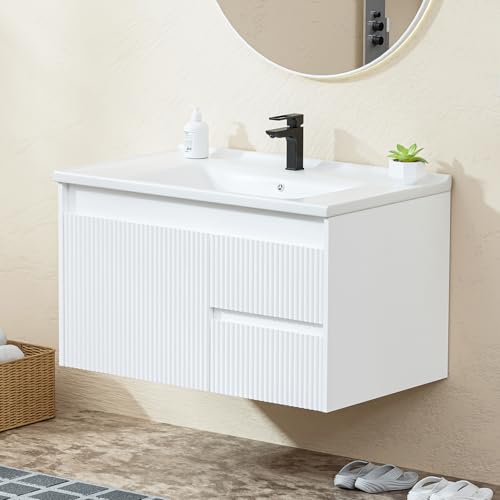Ymise Floating Bathroom Vanity 32 Inch, Wall Mounted Bathroom Vanity with Ceramic Sink and 2 Drawers for Storage, Modern Wave-Carved Design Wooden Sink Cabinet, White