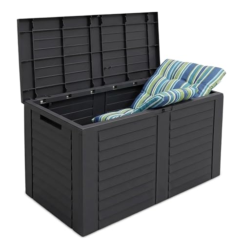 Spetebo Kunststoff Kissenbox anthrazit in Holz Optik - 75 x 53 cm - Aufbewahrungsbox mit Deckel 160 L für Polsterauflagen - Gartenbox Auflagenbox Polsterbox Kissen Sitzkissen Box Garten Truhe