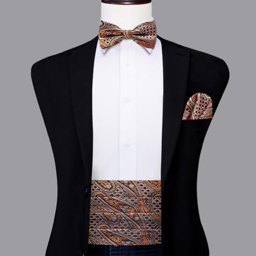 Image of Dubulle Mens Cummerbund and Bow Tie Set Paisley Floral Pretied Bowties for Men Pocket Square Cufflinks Wedding Business
