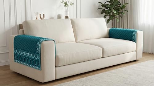 Image of Velvet Sofa Arm Cover Set of 2 Pcs | Anti Skid Anti Slip | Plain Aqua Blue | Washable Armrest Protector