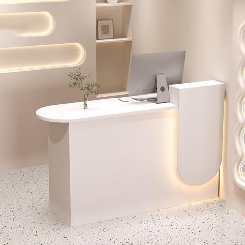 Mesa ovalada con luces y cajones con cerradura, color blanco, para salón de belleza, oficina, supermercado, vestíbulo y hotel, 100 x 50 x 85 cm