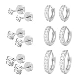 LYQIAN 6 Pairs Flat Back and Screw Back Earrings for Women Silver Cartilage Earrings Small Huggie Hoop Earring 6mm 8mm 10mm and Tiny Stud Earring 2mm 3mm 4mm for Multiple Piercing