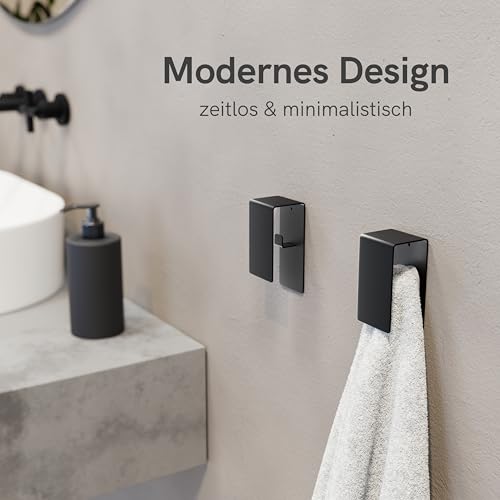 elua home® Handtuchhalter Ohne Bohren (2er Set) | Handtuchhalter Schwarz | Klebe Haken Wand für Bad, WC, Küche | Handtuchhaken aus Edelstahl + starkem Kleber | Zeitloses Design