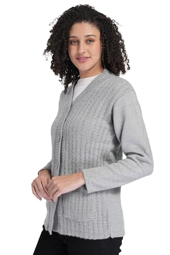Image of MANRA Women's Woolen V-Neck Buttoned Full Sleeve Cardigan Self Design Soft Wool Fabric Winter Wear Pure Wool Sweater Fully Warm with Front Pockets Stylish Cardigan
