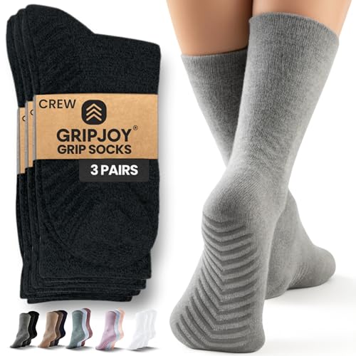 Image of Gripjoy Grip Socks for Women, Grippy, Non Slip, Gripper Socks for Women & Men, Pilates, Yoga, Hospital, 3 Pairs, Crew