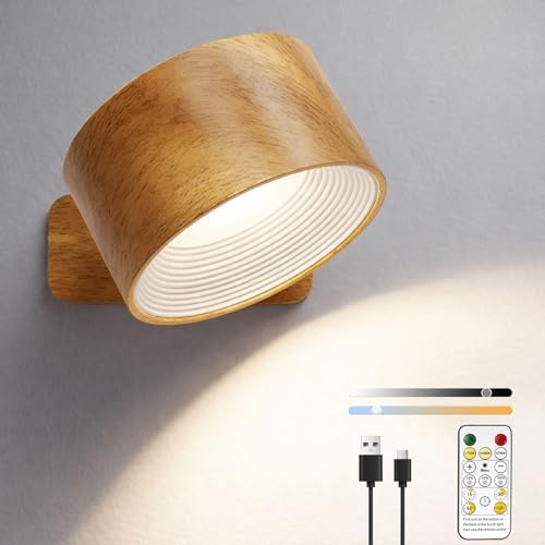 Lights of Sweden Wall Lamps - Rechargeable Infinity Wall Lamps with Remote Control Cordless Magnetic Sconces 360 Rotatable 3 Color Temperatures & Dimmable for Bedroom and Home Lighting (Wood)