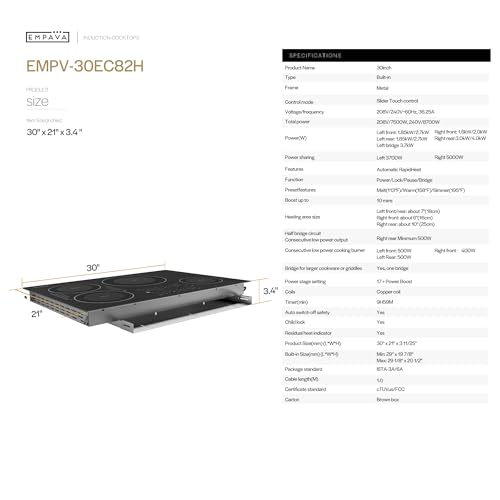 Image of Empava Flex 30 inch Induction Cooktop 4 Burner, Drop-in, Hardwired | cTUVus Certification, Bridge-SYNC, Auto RapidHeat, 3 Preset Modes, 17 Power Levels+Boost, Glide-touch Controls, Pan Sensor