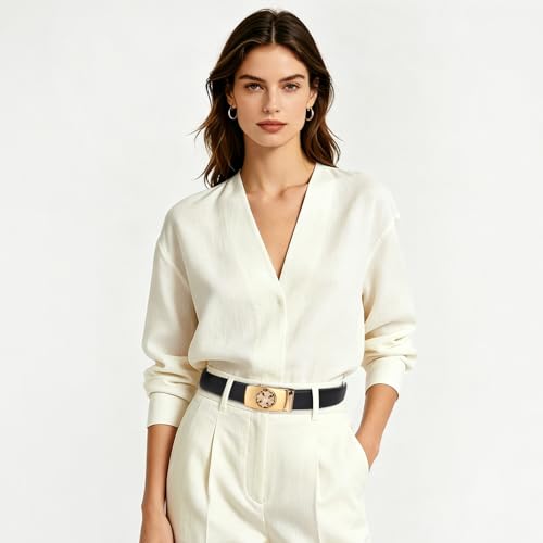 Image of Aurolran Men&Womens Leather Dress Belt Business Automatic Buckle Belt Color-Black Silver Gold