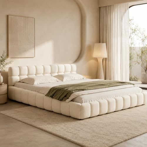 DULRLLY Lit Double Rembourré 160x200, Lit Bubble avec Sommier à Lattes, Lits 2 Personnes Capitonne avec Tête de Lits, Cadre de Lit pour Adulte Chambre à...