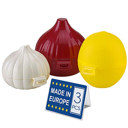 Crystalia Vegetable Storage Containers for Refrigerator Set of 3 Onion Storage Garlic Keeper Lemon Saver Produce Saver Set BPA Free