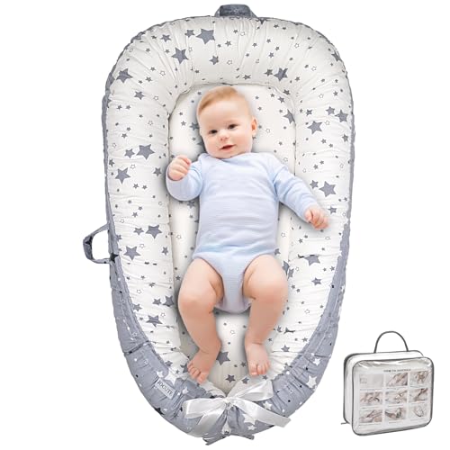 Image of Beisurznga Baby Lounger, Ultra Breathable Cotton Soft Baby Newborn Lounger, Portable Lightweight Adjustable Infant Floor Seat for Travel, Newborn Essentials Baby Registry Search(Stars)