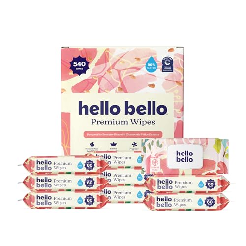 Hello Bello Premium Baby Wipes for Sensitive Skin Hypoallergenic Fragrance-Free 99% Water with Chamomile & Aloe Multi-Use Rosy Posy 9 Resealable Packets 540 Wipes