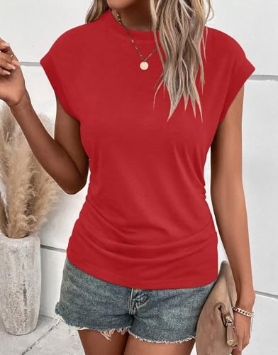 Bliwov Womens Fall Tops Cap Sleeve Business Casual Ruched T Shirts Trendy Basic Crewneck Outfits Beach Vacation Clothes L Red4