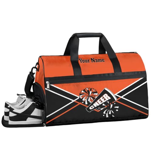 Personalized Cheer Duffel Bag Cheerleader Weekender Overnight Bag Custom Name Team Gift Lightweight Gymnastics Dance Bag Waterproof Sport Gym Travel Collapsible Carry on Tote Bag Black Orange White