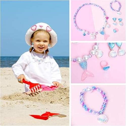 Image of FancyDressWale Mermaid Jewelry Kit Shell Necklace, Bracelet, Ring, Earrings, and Organza Bags - Perfect for Mermaid Party Costume Accessories. Cute Style, Plastic and Organza.