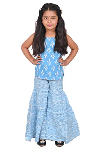 Image of Cotton Block Printed Sleeveless Sharara Set for Kids and Girls (Sky Blue, 6-7 Years)