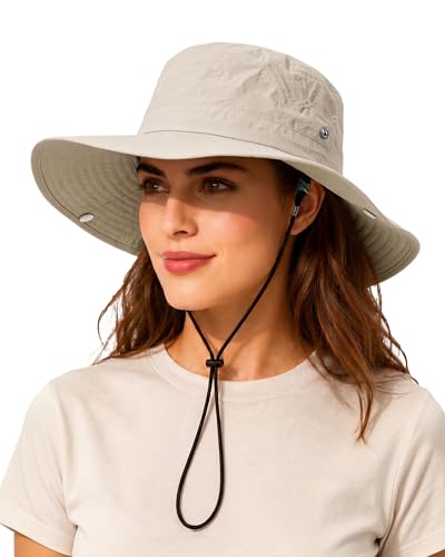 Waterproof Bucket Rain Hat for Women Wide Brim Summer UPF50+ Cowboy Sun Hat Men Foldable Soft Floppy Beach Hat Beige