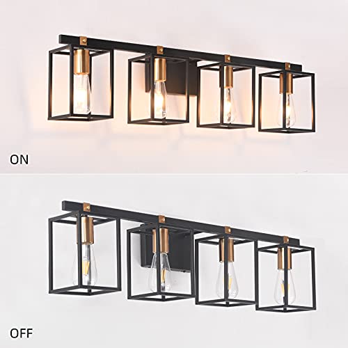 Farmhouse Bathroom Light Fixtures 4-Light Mid Century Rustic Vanity Lights with Black and Gold Brass Metal Cage Vintage Wall Sconces 33.85 Inch for Bath