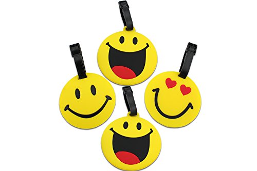 Finex 4 Pcs Set Emoji Smiley Face Smiling Silicone Travel Luggage Baggage Identification Labels ID Tag for Bag Suitcase Plane Cruise Ships with Belt Strap