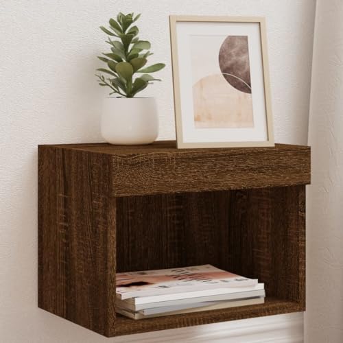 Teenpull Juego de 2 mesitas de noche de pared con luces LED, efecto roble marrón, 40 x 30 x 30 cm, para dormitorio, salón
