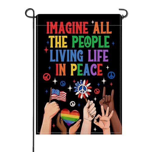 Artofy Imagine All The People Living Life in Peace Small Decorative Garden Flag, Inspirational Rainbow Love Yard Lawn Outside Decor, Motivational Burlap Outdoor Home Decoration Double Sided 12 x 18