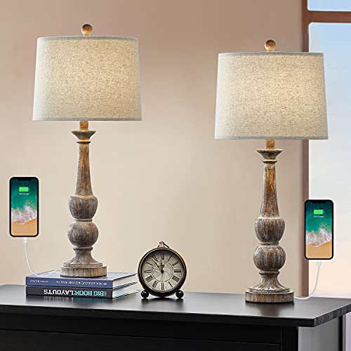 OYEARS Table Lamp for Living Set of 2 USB Antique Retro 27.75“ Nightstand USB Lamp for Bedroom Rustic Table Lamp Vintage Style Bedside Traditional Table lamp Brown