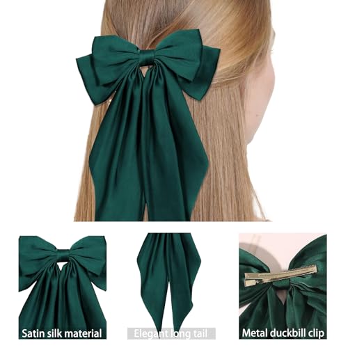 Lazos para el cabello para mujeres, lazo verde de raso sedoso con cola larga extragrande, grandes lazos para el cabello, pinzas metálicas para el cabello, accesorios para el cabello para niñas para fiestas (Verde) miniatura 4