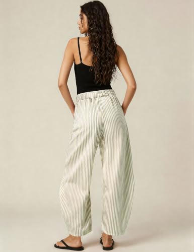 Image of TARSE Womens Striped Linen Barrel Pants with Pockets Y2k Patchwork