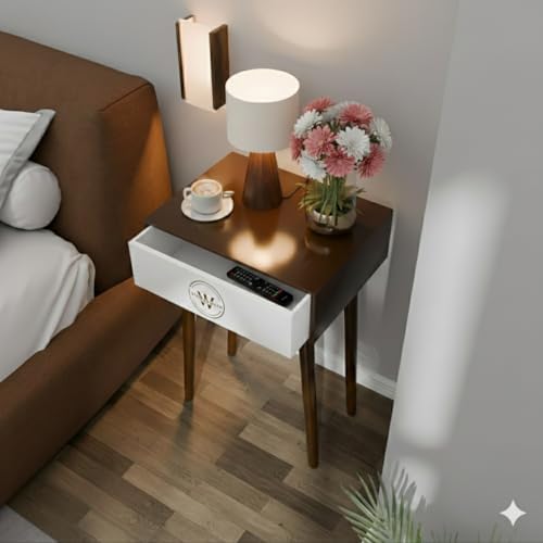 Image of Shoppee Wooden Antique 1- Drawer Wood Side Table Accent End Table for Living Room Solid Wood Leg Classic Bedside Table Nightstand for Bedroom (Walnut & White)