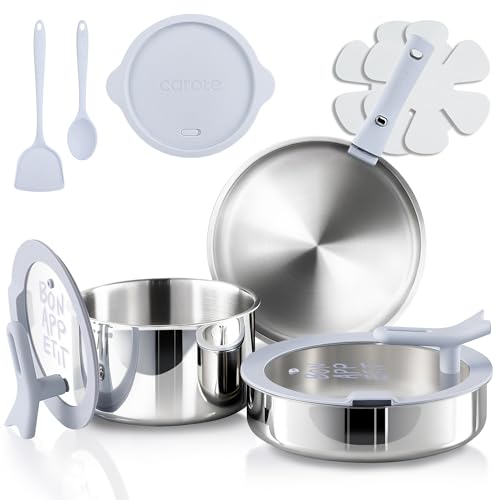 Comparison: Best Lifelong Stainless Steel Cookware 3 CAROTE Tri-Ply Stainless Steel Cookware Set with Stand-Up Lid, 11Pcs Pots and Pans Set Non Stick, Induction Kitchen Cooking Sets with Detachable Handle, Oven Safe to 600°F, Non Toxic Dishwasher