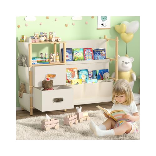 100% Natural Kids Bookshelf and Toy Storage,3 Tier Baby Book Shelf Toy Organizer with Bins and Side Sling Bookcase,Montessori Toy Organizer for Nursery,Living Room,Bedroom,Playroom Decor