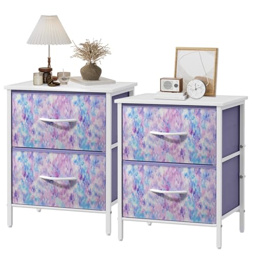 Stero Nightstand Set of 2, Kids Dresser with 2 Drawers, Steel Frame Bedside Furniture, Wood Top Fabric Night Stand, Colorful End Table for Home, Bedroom, Office, Tie-dye Purple