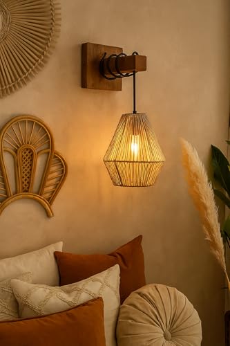 Image of AKWAY Rattan wall Lamps for Living Room | Bamboo wall Lights for Bedroom | Cane wall scones for Home Decoration (Bulb Not Included) (Raffia Bell Shaped)