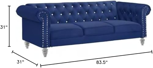 Miniatura 2 de New Classic Furniture Glam Emma - Sofá de terciopelo de tres plazas estilo Chesterfield para espacios pequeños con botones de cristal, azul rey Azul