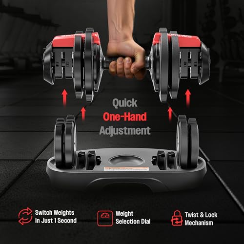 Image of Sparnod Fitness SAD 12.5 Adjustable Dumbbells 12.5kg (Set of 2) with 11 Weight Increments (1.5-12.5kg), One-Hand Quick Adjustment Safety Lock & Storage Rack, Ergonomic Non-Slip Grip, Premium Steel Build