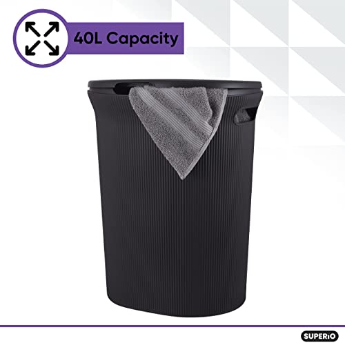 Image of Superio Ribbed Collection - Decorative Plastic Laundry Hamper with Lid and Cut-Out Handles, Brown (2 Pack) Basket Organzier for Bedroom Bathroom College Dorm Room 40 Liter