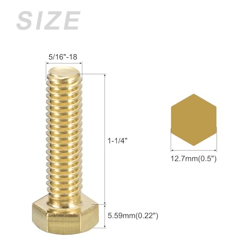 Image of METALLIXITY Hex Head Screw Bolt (5 /16-18x1-1 /4 inch) 1Pcs, Brass Fully Threaded Solid Brass Hex Bolts Machine Screws - for Machinery Repair