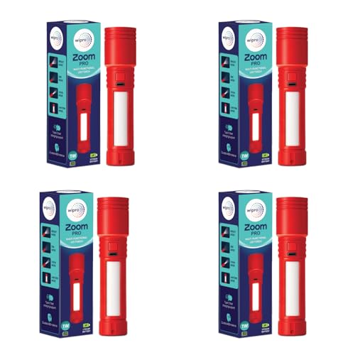 Image of wipro Zoom Pro Multi-Functional LED Pocket Torch | 3 Torch Mode, 1 Lantern Mode | 1200mAh Battery with Upto 6 Hours Back up | Pack of 4