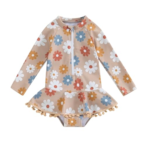 Yccutest Toddler Floral Bathing Suit Girls Long Sleeve Zipper Ruffle Tassel One Piece Swimsuit Kids Rash Guard Swimwear Beach