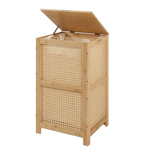 Bamboo Wicker Laundry Hamper Basket with Lid, 13 Gal/50L, Natural | Woven Wicker, Boho Bamboo Frame, Removable Clothes Bag, Wooden Handles, Lidded Rectangular Design, 13.8 X 12.6 X 23.6 In