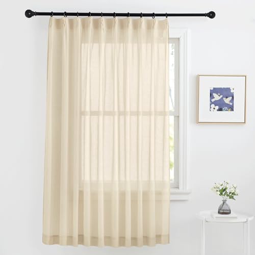 NICETOWN レースカーテン 麻風 タイプ-3 遮像 リネン風 減光 目隠し 色織 無地 日焼け防止 お飾り 和室 ナチュラル おしゃれ 掃き出し窓 幅150cm 丈178cm ベージュ