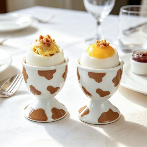 Image of Cinf Ceramic Egg Cups, Set of 2, Mocha Cow Boiled Egg Holders for Breakfast