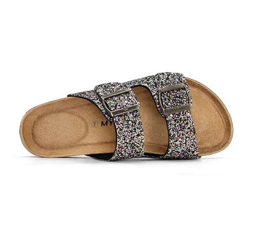 Image of mysoft Womens Flat Sandals Cork Footbed Slides with 2 Straps | Adjustable Buckle Slip On Comfortable Casual Light Weight Summer sandals