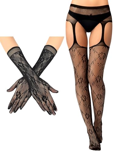 Image of Geyoga 2 Pcs Lace Fishnet Stockings Tights Floral Gloves Black Suspender Pantyhose Long Gloves for Women Halloween Cosplay