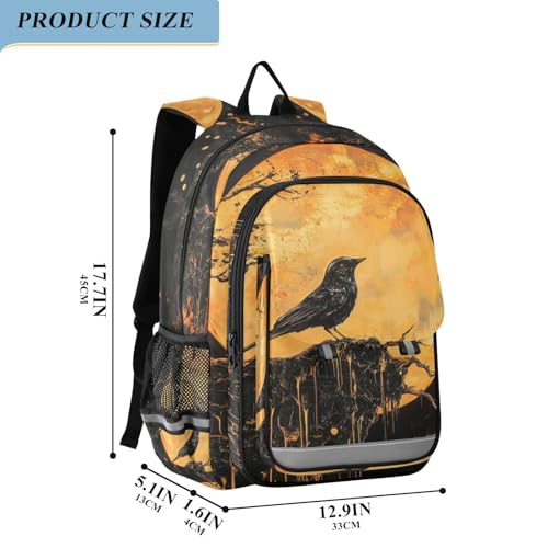 little kids backpacks 8-12： adjustable bookbags for teen girls in assorted colors - Halloween Crows Yellow Moon Black2