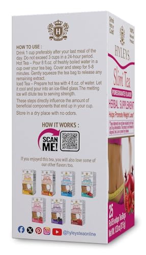 Hyleys Slim Tea Pomegranate Flavor - Weight Loss Herbal Supplement Cleanse and Detox - 25 Tea Bags (12 Pack)