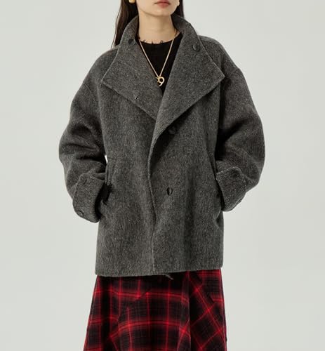 chouyatou Womens Winter Stand Collar Wool Trench Coat Single Breasted Blazer Jacket Coat Loose Outerwear4