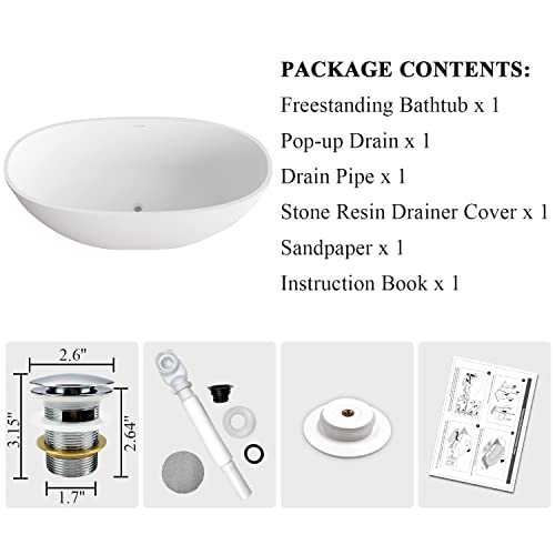 Artstone 67 Inch Freestanding Bathtub With Overflow And Pop-Up Drain, Classic Oval Shaped Stone Resin Freestanding Soaking Tubs, Solid Surface Stand Alone Tubs, White #TOP3