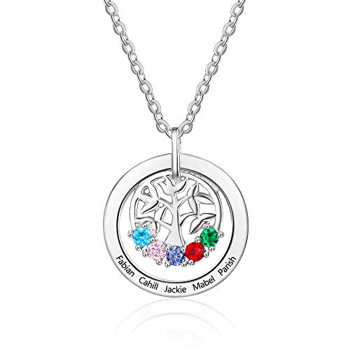 Personalized Family Tree Mothers Necklace with 5 Simulated Birthstones for Mom Customized Name